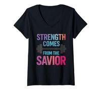 Womens Strength Comes from The Savior Gym Weightlifting Christian V-Neck T-Shirt