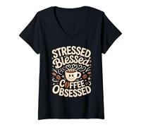 Women's Stressed Blessed Coffee Obsessed Funny Caffeine V-Neck T-Shirt