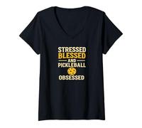 Women's Stressed Blessed Pickleball Obsessed Funny Design V-Neck T-Shirt