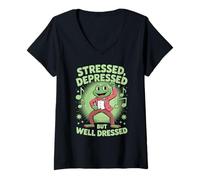 Womens Stressed Depressed But Well Dressed Funny Frog Adult Humor V-Neck T-Shirt