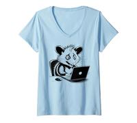 Women's Stressed Opossum Typing On Laptop Tech Support V-Neck T-Shirt
