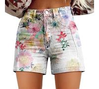 Womens Stretch Denim Shorts High Waisted Stretchy Rolled Hem Jean Shorts Washed Art Retro Printed Boyfriends Floral Jeans Short Casual Summer Classic Beach Mini Hot Denim Jeans with Pockets White