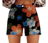Womens Stretch Denim Shorts High Waisted Stretchy Rolled Hem Jean Shorts Washed Art Retro Printed Boyfriends Floral Jeans Short Casual Summer Classic Beach Mini Hot Denim Jeans with Pockets