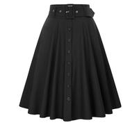 Women's Stretch High Waist A-Line Flared Midi Skirts with Pockets & Belts Buttons Decorated Knee Length-Black-M