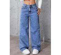 Women's Stretch Loose Straight Jeans. Kimchi Washed Light Blue Casual Pants with Pocket High Waist