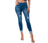 Women's Stretch Pull-On Jeans Skinny Ripped Distressed Denim Jeggings Regular-Plus Size, Blue-side Stripe Cuff, XL
