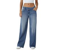 Women's Stretch Straight Leg Jeans, Asymmetrical Low-Rise Loose Jeans, Washed Casual Style (Blue,XS)
