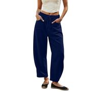 Womens Stretchy Mid Rise Barrel Trousers Loose Wide Leg Cropped Pants Baggy Linen
