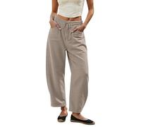 Womens Stretchy Mid Rise Barrel Trousers Loose Wide Leg Cropped Pants Baggy Linen