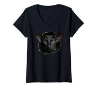 Women's Striking Black Oriental Shorthair Cat Peeking Through V-Neck T-Shirt