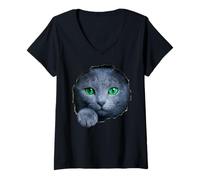 Women's Striking Russian Blue Cat Green Eyes Peeking Through V-Neck T-Shirt