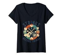 Women's Strings Before Things Acoustic Guitar Collector Guitarist V-Neck T-Shirt