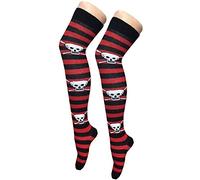 Womens Stripe Over The Knee High Socks Ladies Printed Fancy OTK Casual Socks Red/Black Stripe Skull Print 1 Pack