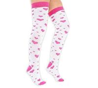 Womens Stripe Over The Knee High Socks Ladies Printed Fancy OTK Casual Socks White With Pink Heart 1 Pack