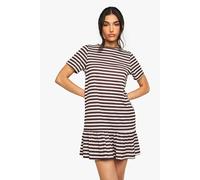 Womens Stripe Ruffle Dropped Hem Smock Dress - Brown - 14, Brown