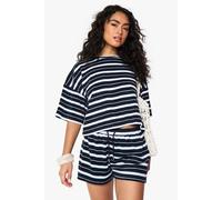 Womens Stripe Towelling Boxy Crop Top - Navy - Xs, Navy