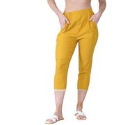 Women's Stripe Trim Cherry Berry Stretch Fit Capri Cropped Trouser Mustard UK 10