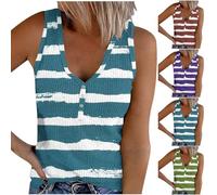 Womens Stripe Vest Ribbed Tank Top Clearance UK Ladies Summer Basic Tee Casual Henley Blouses Sleeveless Tops Button V-Neck Vests Holiday Beach Tshirt Stretch Knitted Tank Loose Comfy Wear Blue