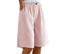 Womens Striped Bermuda Shorts Baggy Wide Leg Knee Length Shorts Elasticated Waist Lightweight Summer Trousers Lightweight Casual Beach Lounge Long Shorts with Pockets