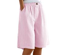 Womens Striped Bermuda Shorts Baggy Wide Leg Knee Length Shorts Elasticated Waist Lightweight Summer Trousers Lightweight Casual Beach Lounge Long Shorts with Pockets