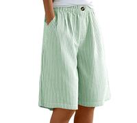 Womens Striped Bermuda Shorts Baggy Wide Leg Knee Length Shorts Elasticated Waist Lightweight Summer Trousers Lightweight Casual Beach Lounge Long Shorts with Pockets