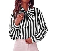 Womens Striped Bow Tie Neck Blouse Long Sleeve Button Down Shirt Loose UK | Womens Striped Button Down Shirt Bow Tie Neck Long Sleeve Blouse with Back Pleat for Dressy Casual