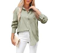 Womens Striped Button Down Shirt Oversized Cotton Blend Long Sleeve Boyfriend Shirts with Pocket Collared Blouse Dressy Tops, Green Stripe, S