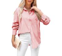 Womens Striped Button Down Shirt Oversized Cotton Blend Long Sleeve Boyfriend Shirts with Pocket Collared Blouse Dressy Tops, Red Stripe, L