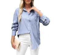 Womens Striped Button Down Shirt Oversized Cotton Blend Long Sleeve Boyfriend Shirts with Pocket Collared Blouse Dressy Tops, Blue Stripe, M