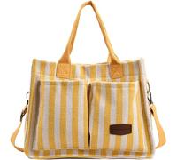 Women's Striped Canvas Tote Bag Multi Pockets Large Capacity Handbag Canvas Shoulder Bags Messenger for Travel Work