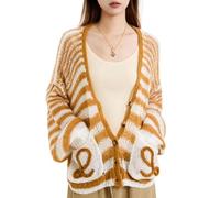 Women's Striped Cardigan Sweaters - Lazy Chic Loose Fit Crochet Knit V-Neck Sweater Color Block Button Down Long Sleeve Open Front Knitwear Cozy Casual Outerwear (Camel,L)