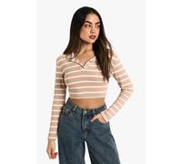 Womens Striped Collar Long Sleeve Crop Top - Navy - 8, Navy