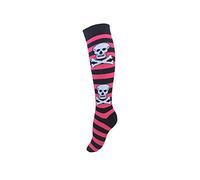 Womens Striped Comfy Knitted Knee High Crossbone Skull Cotton Rich Socks Spooky patterns with Hallowen Gothic Design (FUCHSIA)