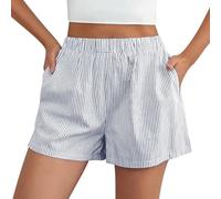 Women's Striped Cotton and Linen Shorts Elastic Waistband Y2K Summer Shorts with Back Pocket Plain Straight Cut Short for the Beach Lightweight and Breathable Baggy Shorts, sky blue, S