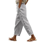 Women's Striped Cotton-Linen High-Waist 9/10-Length Pants with Pockets, Elastic Waist H-Shaped Straight-Leg Trousers for Casual City Strolls & Market Visits White