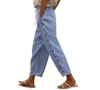 Women's Striped Cotton-Linen High-Waist 9/10-Length Pants with Pockets, Elastic Waist H-Shaped Straight-Leg Trousers for Casual City Strolls & Market Visits Blue