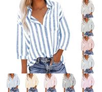 Womens Striped Cotton Linen Shirts UK Clearance 3/4 Sleeve Button Down Shirt Summer Casual Stripe Print Blouses 2025 Fashion Loose Fit Tees Regular-Fit Cotton-Linen Tops Ladies Elegant Tunic Top