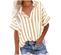Womens Striped Cotton Linen Shirts UK Short Sleeve Button Down Shirt Summer Casual Stripe Print Blouses 2025 Fashion Loose Fit Tees Regular-Fit Cotton-Linen Tops Ladies Elegant Tunic Top Yellow