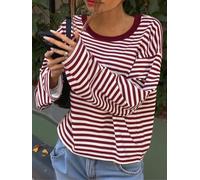 Women's Striped Crew Neck Drop Shoulder Loose Long Sleeve Crop Top | Even horizontal stripe print, relaxed cropped long sleeve cut for street daily and casual weekend outings
