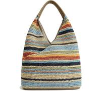 Women's Striped Crochet Straw Hobo Tote Shoulder Bag | Rainbow Multicolour, Woven Raffia, Beach & Travel, Handbag Purse, Summer Style