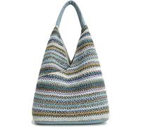Women's Striped Crochet Straw Hobo Tote Shoulder Bag | Rainbow Multicolour, Woven Raffia, Beach & Travel, Handbag Purse, Summer Style