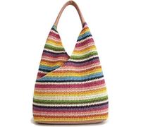 Women's Striped Crochet Straw Hobo Tote Shoulder Bag | Rainbow Multicolour, Woven Raffia, Beach & Travel, Handbag Purse, Summer Style