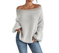 Women's Striped Drop Shoulder Sweater, Womens Off The Shoulder Sweater Batwing Sleeve Loose Pullover Sweaters Tops, Fashion Striped Long Sleeve Sweaters (Grey,XL)