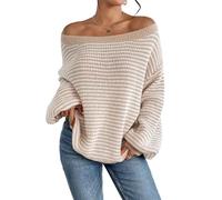 Women's Striped Drop Shoulder Sweater, Womens Off The Shoulder Sweater Batwing Sleeve Loose Pullover Sweaters Tops, Fashion Striped Long Sleeve Sweaters (Apricot,XL)