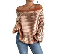 Women's Striped Drop Shoulder Sweater, Womens Off The Shoulder Sweater Batwing Sleeve Loose Pullover Sweaters Tops, Fashion Striped Long Sleeve Sweaters (Red,L)