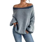 Women's Striped Drop Shoulder Sweater, Womens Off The Shoulder Sweater Batwing Sleeve Loose Pullover Sweaters Tops, Fashion Striped Long Sleeve Sweaters (Blue,L)