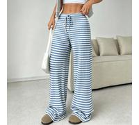 Women's Striped Elastic Waist Drawstring Straight Leg Pants(Blue L)