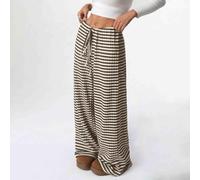Women's Striped Elastic Waist Drawstring Straight Leg Trousers(Brown S)