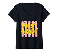 Women's Striped First Grade Teacher Student First Day of 1st Grade V-Neck T-Shirt