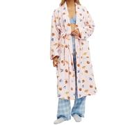 Womens Striped Fleece Dressing Gown Front Tie Up Long Length Towelling Robe Cute Fluffy Fuzzy Absorbent Bathrobe(Light Pink,Large)